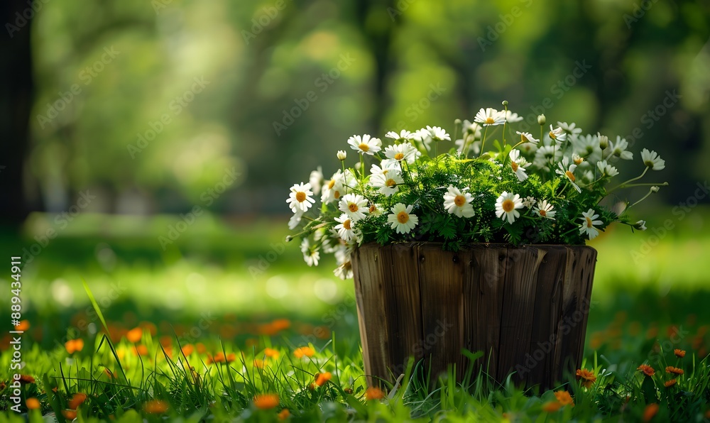 Rustic Wooden Barrel with Daisies: Close-up of White Blooms in a Wooden Container, Perfect for Nature and Floral Themes, Capturing the Beauty and Serenity of a Garden on a Sunny Day. Copyspace image Rustic Wooden Barrel with Daisies: Close-up of White Blooms in a Wooden Container, Perfect for Nature and Floral Themes, Capturing the Beauty and Serenity of a Garden on a Sunny Day. Copyspace image