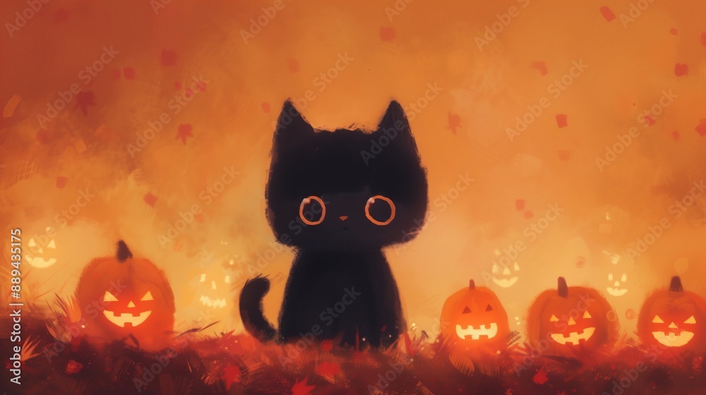 Black Cat Surrounded by Glowing Jack-o'-Lanterns in Autumnal Night Landscape Halloween Season Art Black Cat Surrounded by Glowing Jack-o'-Lanterns in Autumnal Night Landscape Halloween Season Art
