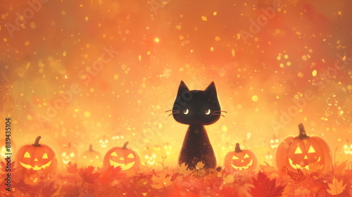 Enchanting Black Cat Among Glowing Jack-O'-Lanterns in Autumn Forest, Halloween Celebration, Festive Night, Halloween Decoration, Spooky Atmosphere, Glowing Pumpkins, Fall Season Magic