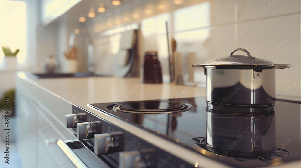 Close-up side view of a modern electric cooking stove with a stainless steel boiling pot or pan for preparing food, modern kitchen with other kitchenware in a home or house with contemporary design. Close-up side view of a modern electric cooking stove with a stainless steel boiling pot or pan for preparing food, modern kitchen with other kitchenware in a home or house with contemporary design.