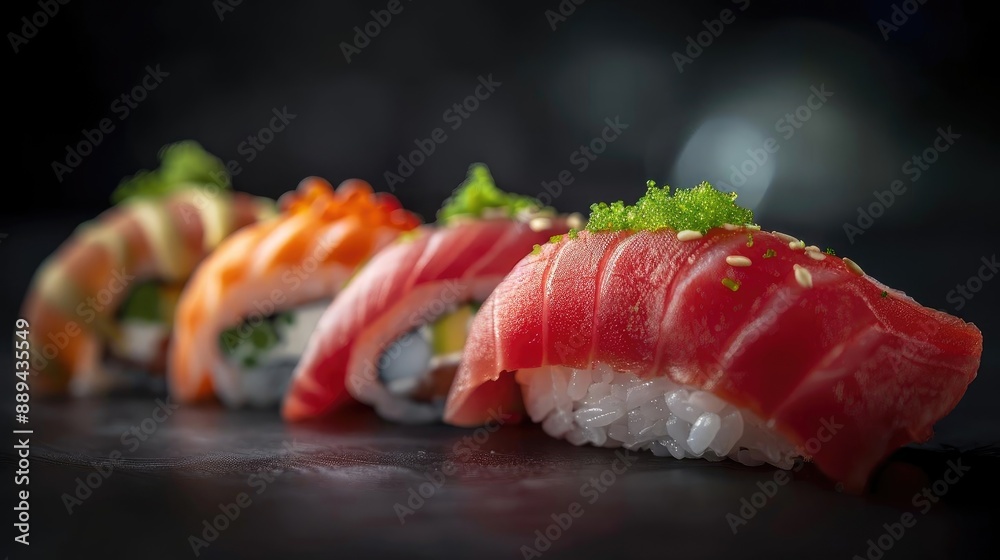 Close-up of colorful sushi rolls, featuring fresh raw fish and garnishes, beautifully arranged on a dark background. Close-up of colorful sushi rolls, featuring fresh raw fish and garnishes, beautifully arranged on a dark background.