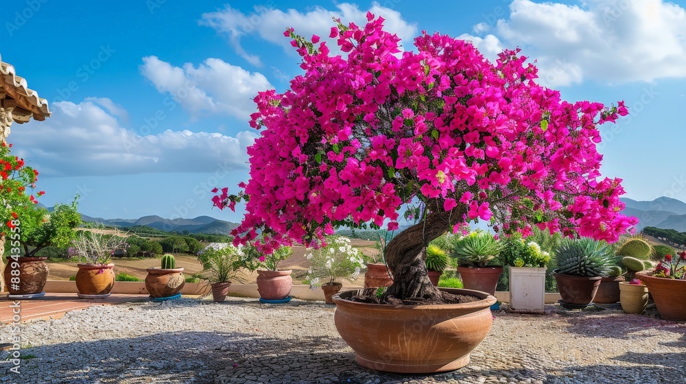 Vibrant bougainvillea bonsai tree with pink flowers in a Mediterranean garden Vibrant bougainvillea bonsai tree with pink flowers in a Mediterranean garden