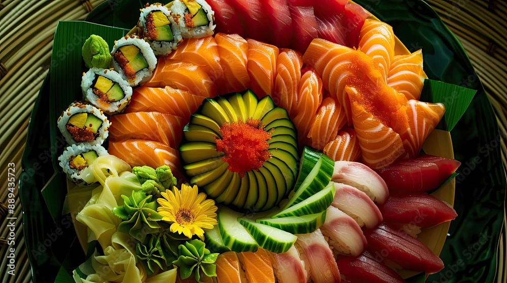 A beautifully arranged platter of fresh sushi and sashimi, featuring vibrant colors and intricate presentation with garnishes and flowers. A beautifully arranged platter of fresh sushi and sashimi, featuring vibrant colors and intricate presentation with garnishes and flowers.
