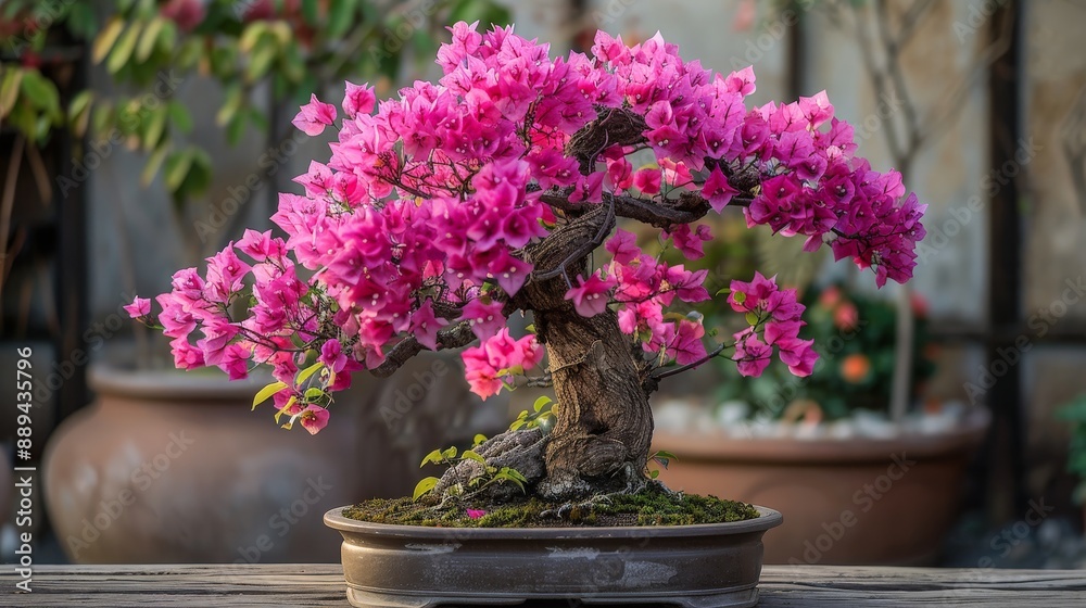 Vibrant bougainvillea bonsai tree with pink flowers in a Mediterranean garden Vibrant bougainvillea bonsai tree with pink flowers in a Mediterranean garden