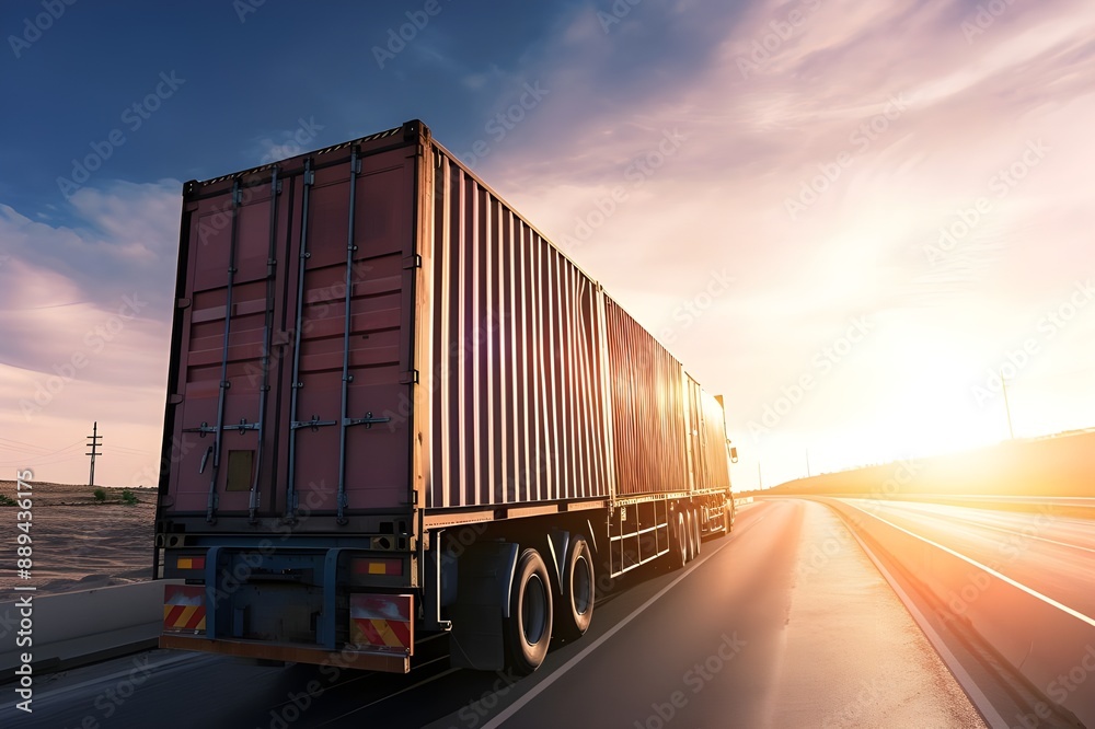 Obraz premium A cinematic perspective of a container truck navigating a rural highway, with containers neatly stacked and secured under the soft glow of sunrise.