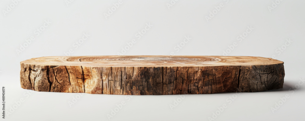 Fototapeta premium Old, rustic wooden podium with visible knots and grains, perfect for presenting natural beauty products. The stark white background enhances the organic feel of the display.