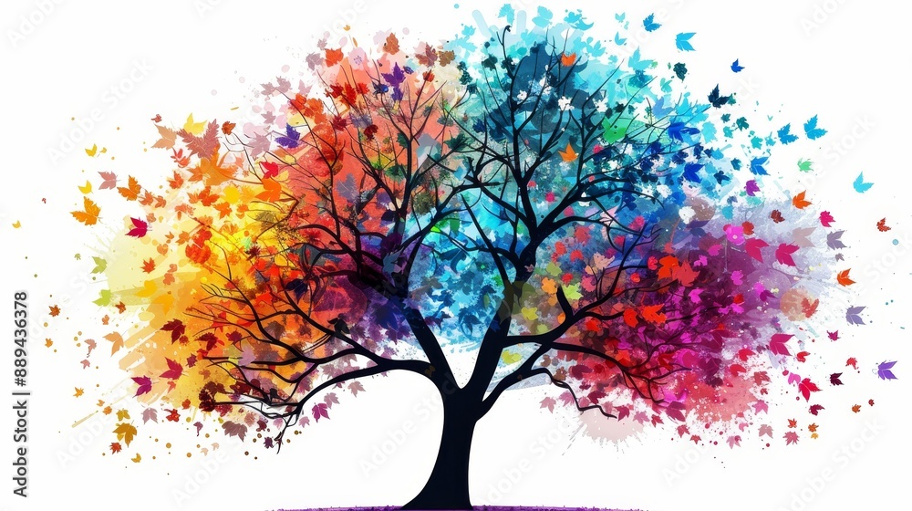 Background illustration of a colorful tree with leaves in a hanging branch, 4D abstract wallpaper for interior mural wall art, Floral tree with leaves in multiple colors, Stock Image Background illustration of a colorful tree with leaves in a hanging branch, 4D abstract wallpaper for interior mural wall art, Floral tree with leaves in multiple colors, Stock Image
