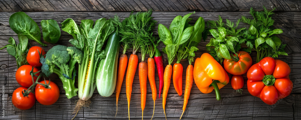 Overhead top down view of a collection of different fresh vegetables on a rustic wooden table. The assortment includes tomatoes, carrots, peppers, and leafy greens, each showcasing its vibrant color Overhead top down view of a collection of different fresh vegetables on a rustic wooden table. The assortment includes tomatoes, carrots, peppers, and leafy greens, each showcasing its vibrant color
