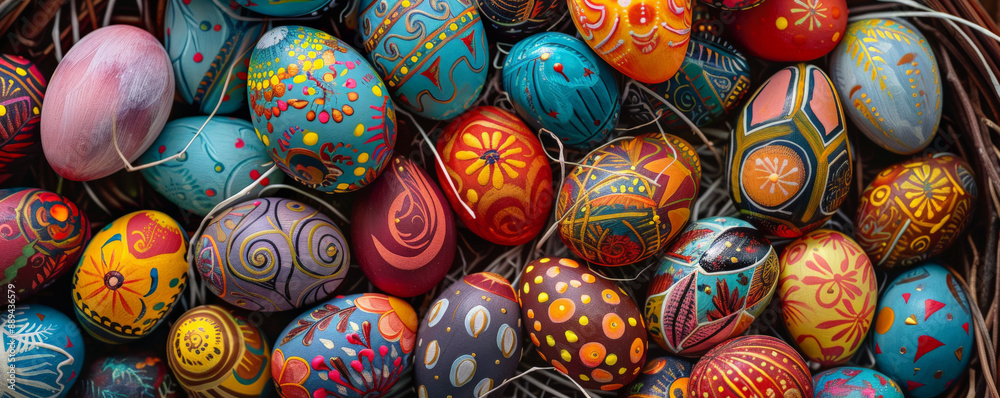 Overhead top down view of a collection of different hand-painted Easter eggs arranged in a woven basket. Each egg features intricate designs and vibrant colors, showcasing the creativity and skill of Overhead top down view of a collection of different hand-painted Easter eggs arranged in a woven basket. Each egg features intricate designs and vibrant colors, showcasing the creativity and skill of