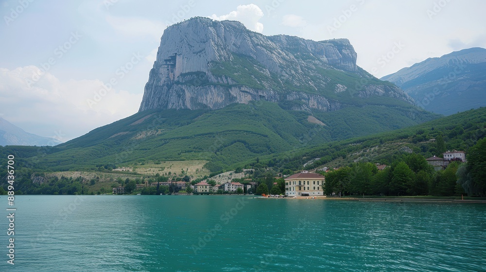 Scenic lake beside lush hills with majestic mountain view Scenic lake beside lush hills with majestic mountain view