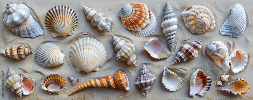 Overhead top down view of a collection of different seashells arranged on a sandy background. The shells vary in shape, size, and color, highlighting their intricate designs and natural beauty. Overhead top down view of a collection of different seashells arranged on a sandy background. The shells vary in shape, size, and color, highlighting their intricate designs and natural beauty.