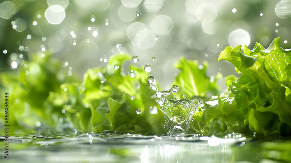 Fresh Lettuce Leaves Splashing in Water with Bokeh Background Fresh Lettuce Leaves Splashing in Water with Bokeh Background