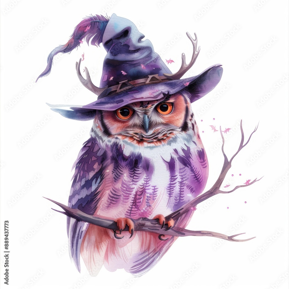 Naklejka premium Whimsical watercolor art depicting an owl adorned in a charming midnight-themed costume