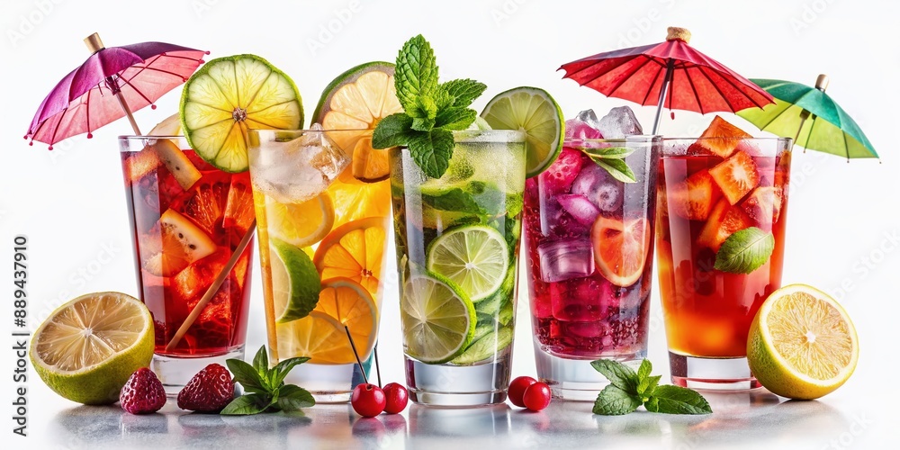 Vibrant colorful refreshments featuring frosty glasses of fruity drinks with umbrella garnishes, ice cubes, and lime wedges against a transparent isolated white background.