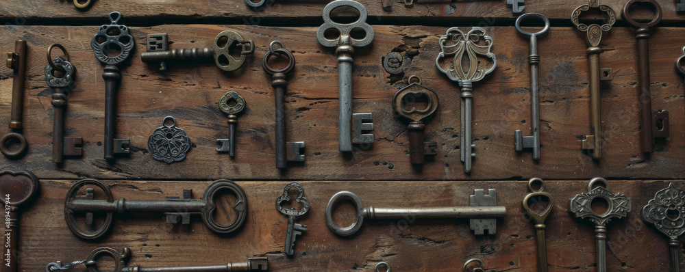 Overhead top down view of a collection of different vintage keys spread out on an antique wooden table. The keys vary in design and patina, each one telling a story of its past use. Overhead top down view of a collection of different vintage keys spread out on an antique wooden table. The keys vary in design and patina, each one telling a story of its past use.