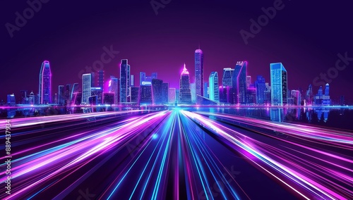 Abstract futuristic background with neon neon city lights and bokeh lights. Data transfer concept. Fantastic wallpaper.