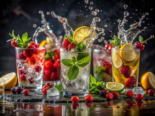 Vibrant assortment of refreshing summer cocktails with berries, lemon, herbs, and ice against a dark background, with water splashing, perfect for parties and holidays.