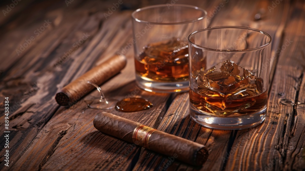 Two glasses of whiskey and a cigar on a wooden table. Concept Whiskey, Cigar, Wooden Table, with copy space Two glasses of whiskey and a cigar on a wooden table. Concept Whiskey, Cigar, Wooden Table, with copy space