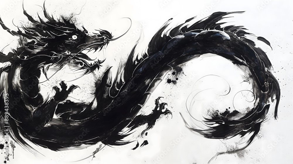 Fototapeta premium Dramatic Black and White Ink-Style Oriental Dragon Illustration