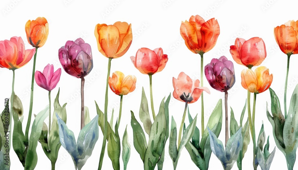 Fototapeta premium A tulip garden, various colors, digital watercolor, isolated on white background