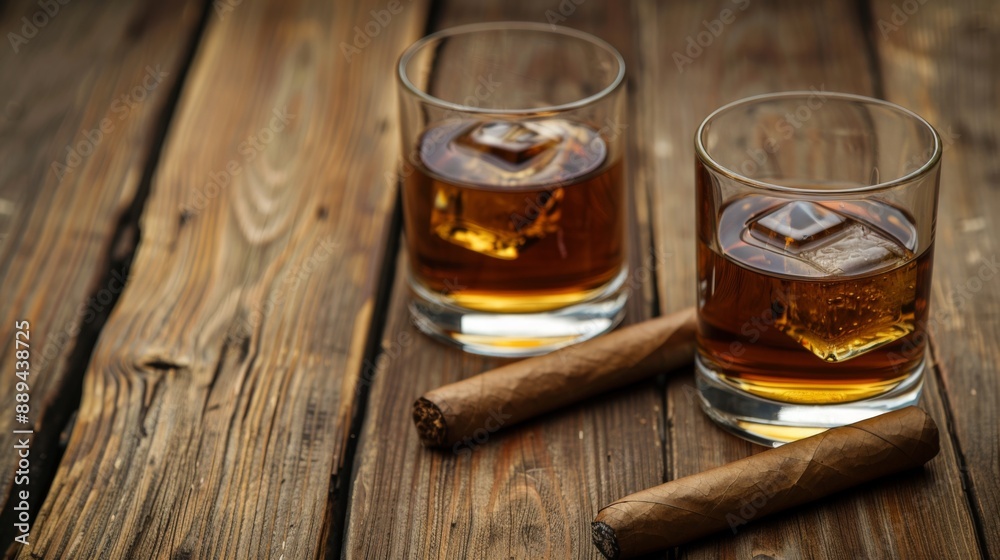 Two glasses of whiskey and a cigar on a wooden table. Concept Whiskey, Cigar, Wooden Table, with copy space Two glasses of whiskey and a cigar on a wooden table. Concept Whiskey, Cigar, Wooden Table, with copy space