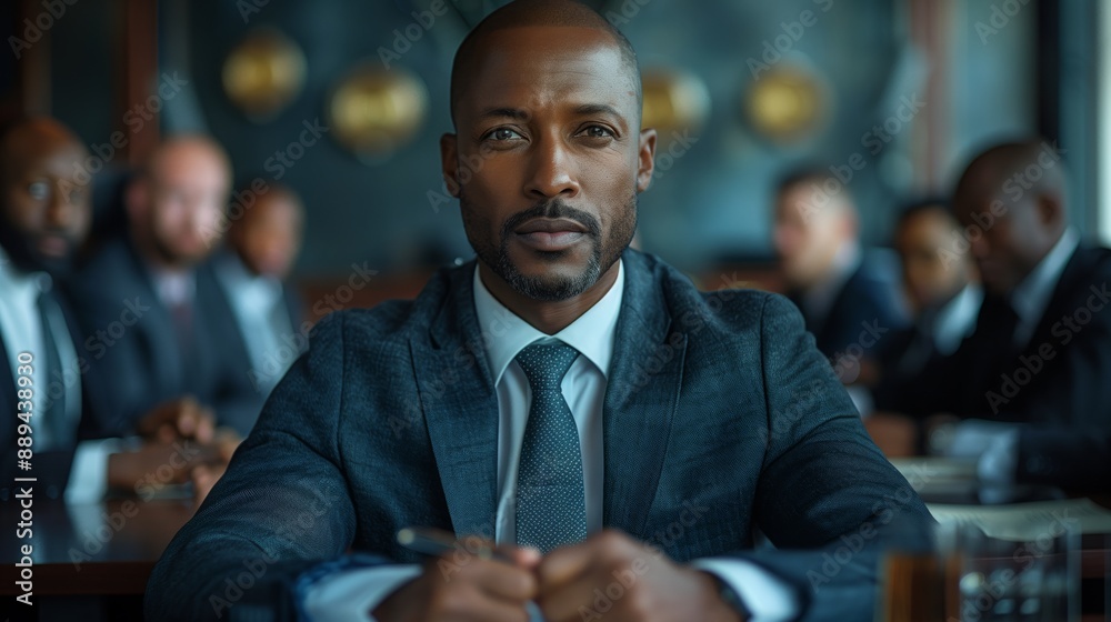 Fototapeta premium A businessman in a suit sits at a table with colleagues, confidently looking directly at the camera.