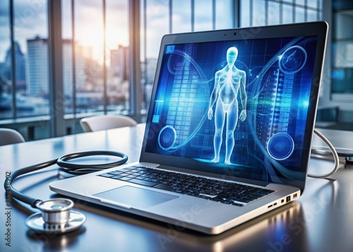 High-tech medical setup with futuristic virtual consultation screen, stethoscope, and laptop, showcasing the merging of innovative technology with traditional healthcare methods. photo