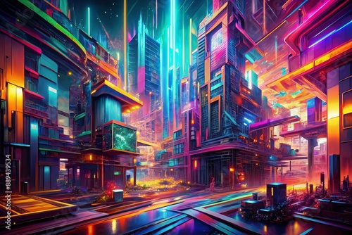 Vibrant abstract digital artwork featuring eclectic mix of distorted shapes, neon lights, and futuristic patterns, blending surrealism with modern urban aesthetics. photo