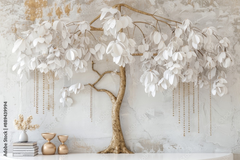 A 3D Tree Wallpaper with Golden Stems and White Floral Leaves for Luxurious Ambience A 3D Tree Wallpaper with Golden Stems and White Floral Leaves for Luxurious Ambience