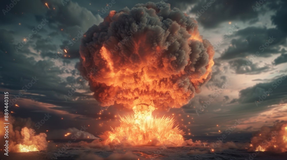 A large explosion is depicted in the image, with a bright orange cloud rising from the ground. The scene is set in a desolate, barren landscape, with no signs of life or vegetation A large explosion is depicted in the image, with a bright orange cloud rising from the ground. The scene is set in a desolate, barren landscape, with no signs of life or vegetation