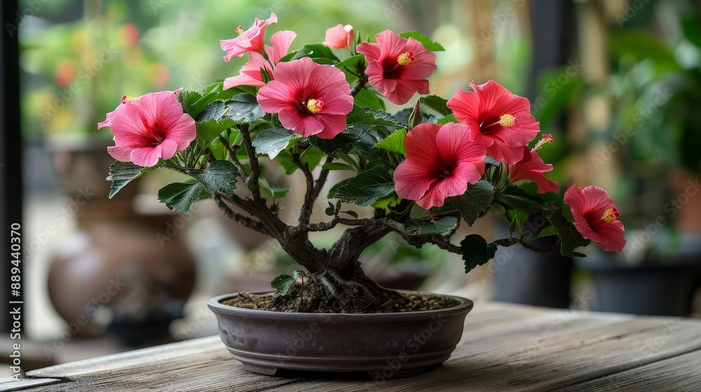 Vibrant hibiscus bonsai tree with red flowers in a tropical paradise Vibrant hibiscus bonsai tree with red flowers in a tropical paradise
