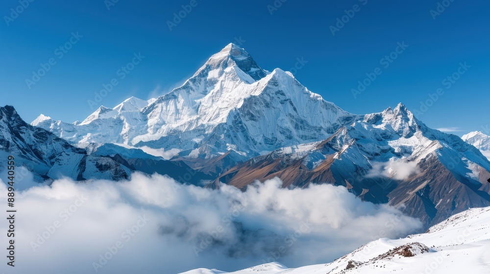 Obraz premium A picturesque snow-capped mountain rises towards the sky, surrounded by clouds, showcasing nature's grandeur. The clear blue sky and white snow create a stark contrast.