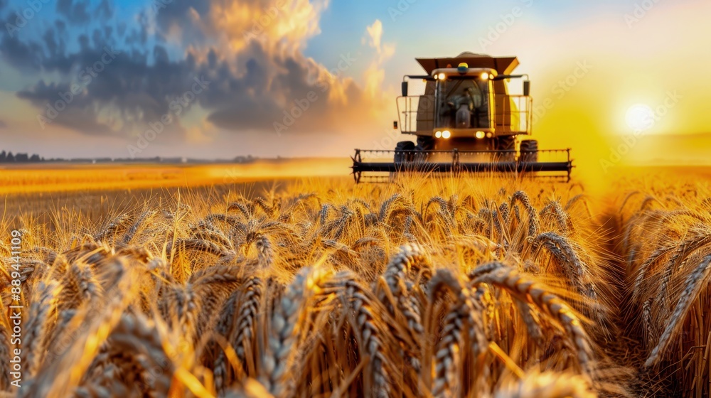 Fototapeta premium Harvesting wheat in a vast golden field with a modern combine harvester at sunset, symbolizing agriculture and rural industry.