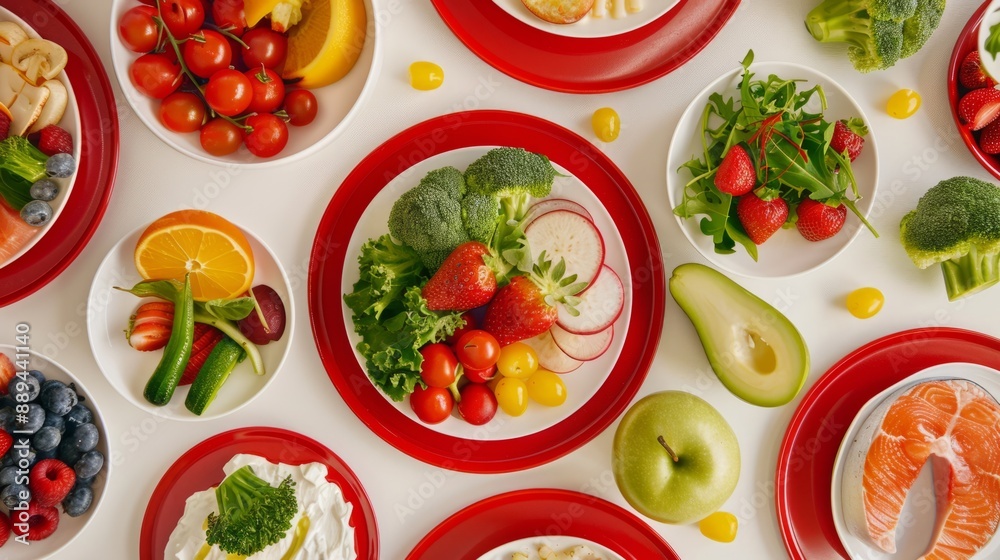 Plates of healthy foods such as vegetables, fruits, lean proteins generative ai Plates of healthy foods such as vegetables, fruits, lean proteins generative ai