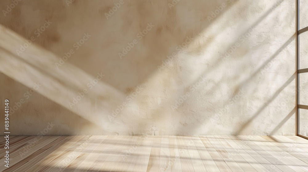 Background 3D of a white blank wall with fabric texture, wood laminated floor in sunlight, shadow of tree foliage for luxury interior, fashion, beauty, cosmetic, skincare product background.
