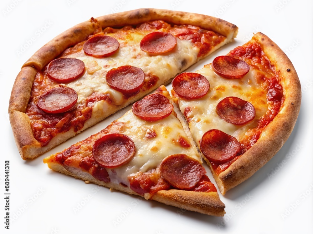 Two slices of freshly baked pepperoni pizza, topped with melted mozzarella cheese and juicy pepperoni slices, isolated on a transparent background, looking delicious. Two slices of freshly baked pepperoni pizza, topped with melted mozzarella cheese and juicy pepperoni slices, isolated on a transparent background, looking delicious.
