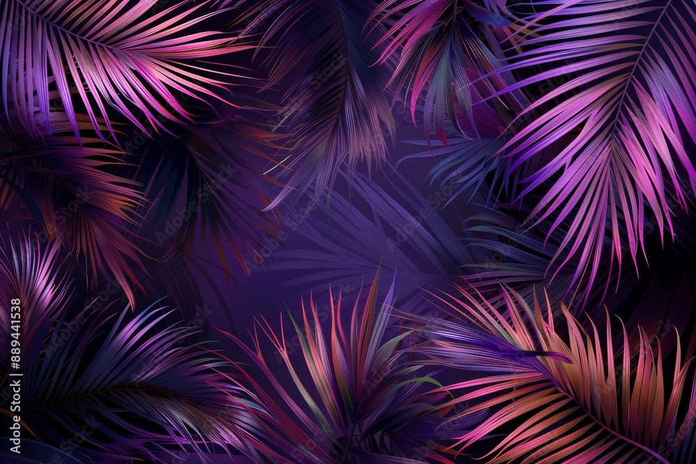 Close-up of a purple wallpaper with palm leaf patterns on the left side of the image and black background on the right. Close-up of a purple wallpaper with palm leaf patterns on the left side of the image and black background on the right.