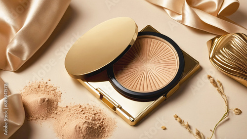 Compact pressed powder in luxury golden packaging. Beauty, make up products and glamour cosmetics