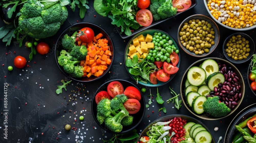 Plates of healthy foods such as vegetables, fruits, lean proteins generative ai