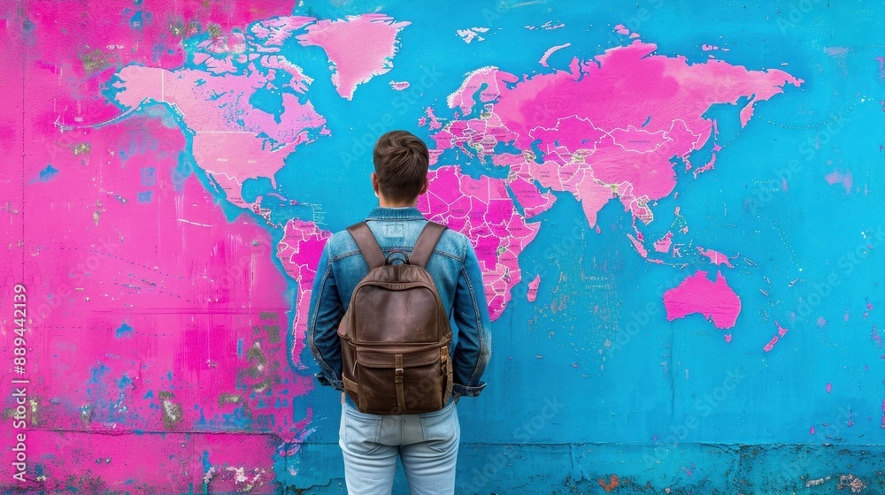 Obraz premium Young traveler with a backpack viewing a colorful map of the world on a vibrant wall, contemplating future adventures.