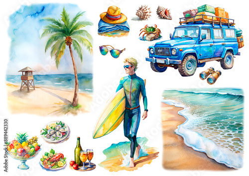 Beach summer sea clipart PNG, vacation at sea, diving clipart, vacation on the coast, summer vacation