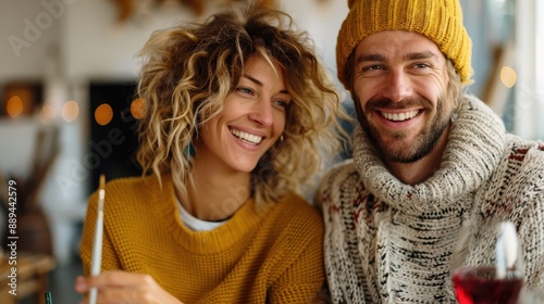 A joyful couple sharing a fun moment while painting and enjoying wine, indicating a mix of creativity and relaxation in a brightly lit indoor setting. photo