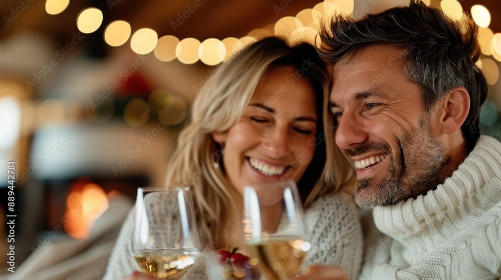 A happy couple celebrating with drinks in a festive setting, filled with warm lighting and holiday decorations, showcasing joy, love, and togetherness. A happy couple celebrating with drinks in a festive setting, filled with warm lighting and holiday decorations, showcasing joy, love, and togetherness.
