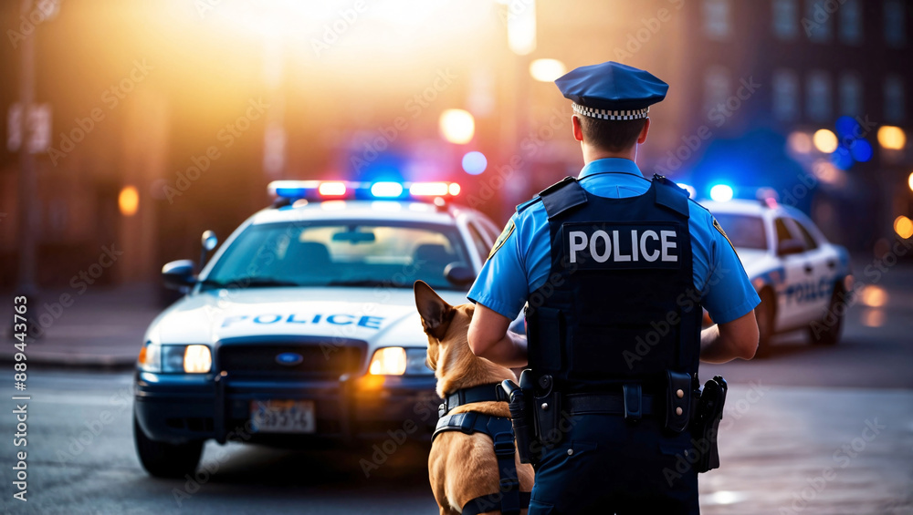 Policeman wearing police vest is standing on the street next to police car with city night lights in the background. Street crime, safety concept Policeman wearing police vest is standing on the street next to police car with city night lights in the background. Street crime, safety concept