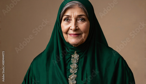 Azerbaijani woman in emerald green traditional chador photo