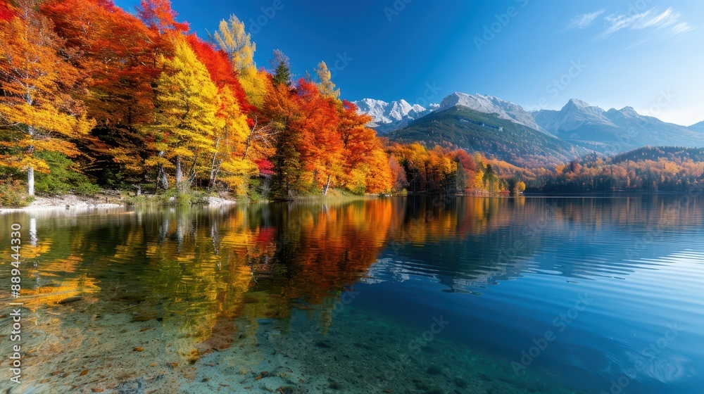 A beautiful, peaceful scenery of an alpine lake reflecting vibrant autumn trees in red, orange, and yellow, with majestic mountains in the background. A beautiful, peaceful scenery of an alpine lake reflecting vibrant autumn trees in red, orange, and yellow, with majestic mountains in the background.