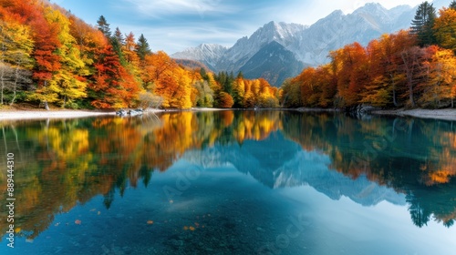 Peaceful lake surrounded by bright autumn tree colors reflecting in the water under a clear blue sky, with a spectacular backdrop of rugged, snow-capped mountains.