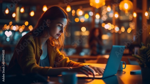 A professional working late on a laptop in a dimly lit office photo