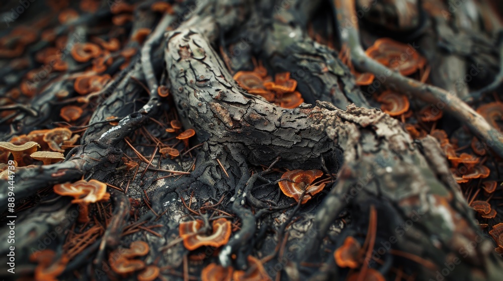 Fototapeta premium A tree root with mushrooms growing on it. The image has a natural and earthy feel to it