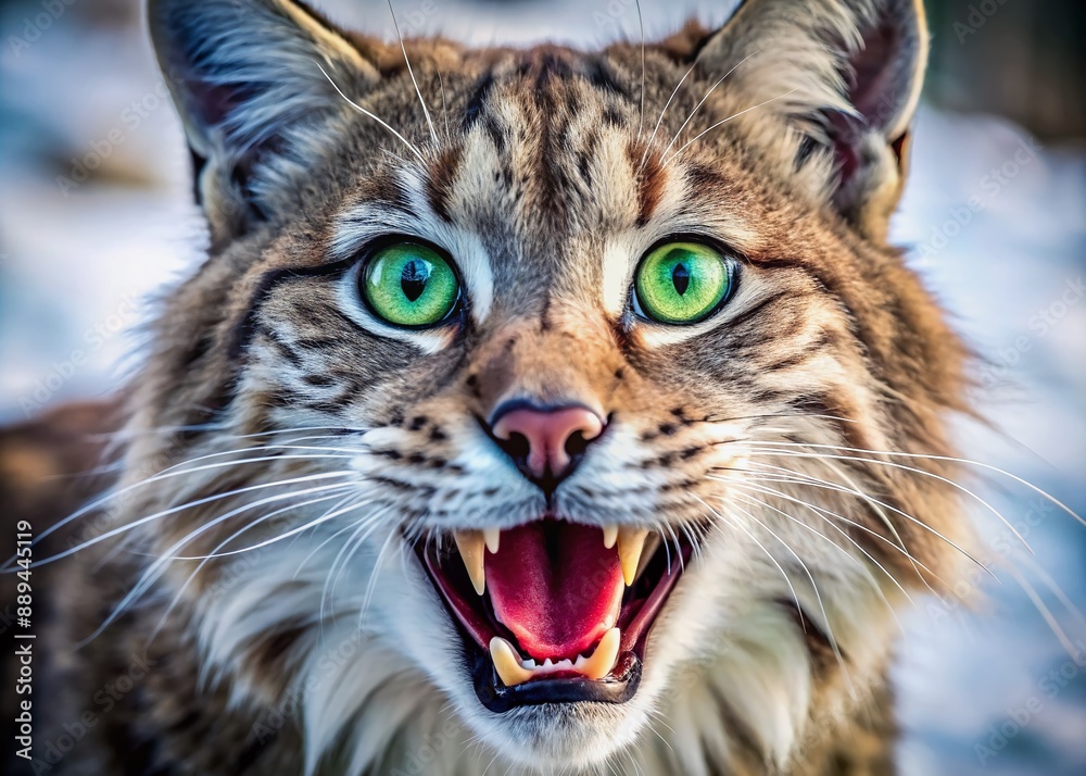 Adorable whiskered feline with vibrant green eyes and snowy fur, mouth open in a playful snarl, revealing sharp white teeth and pink gums. Adorable whiskered feline with vibrant green eyes and snowy fur, mouth open in a playful snarl, revealing sharp white teeth and pink gums.